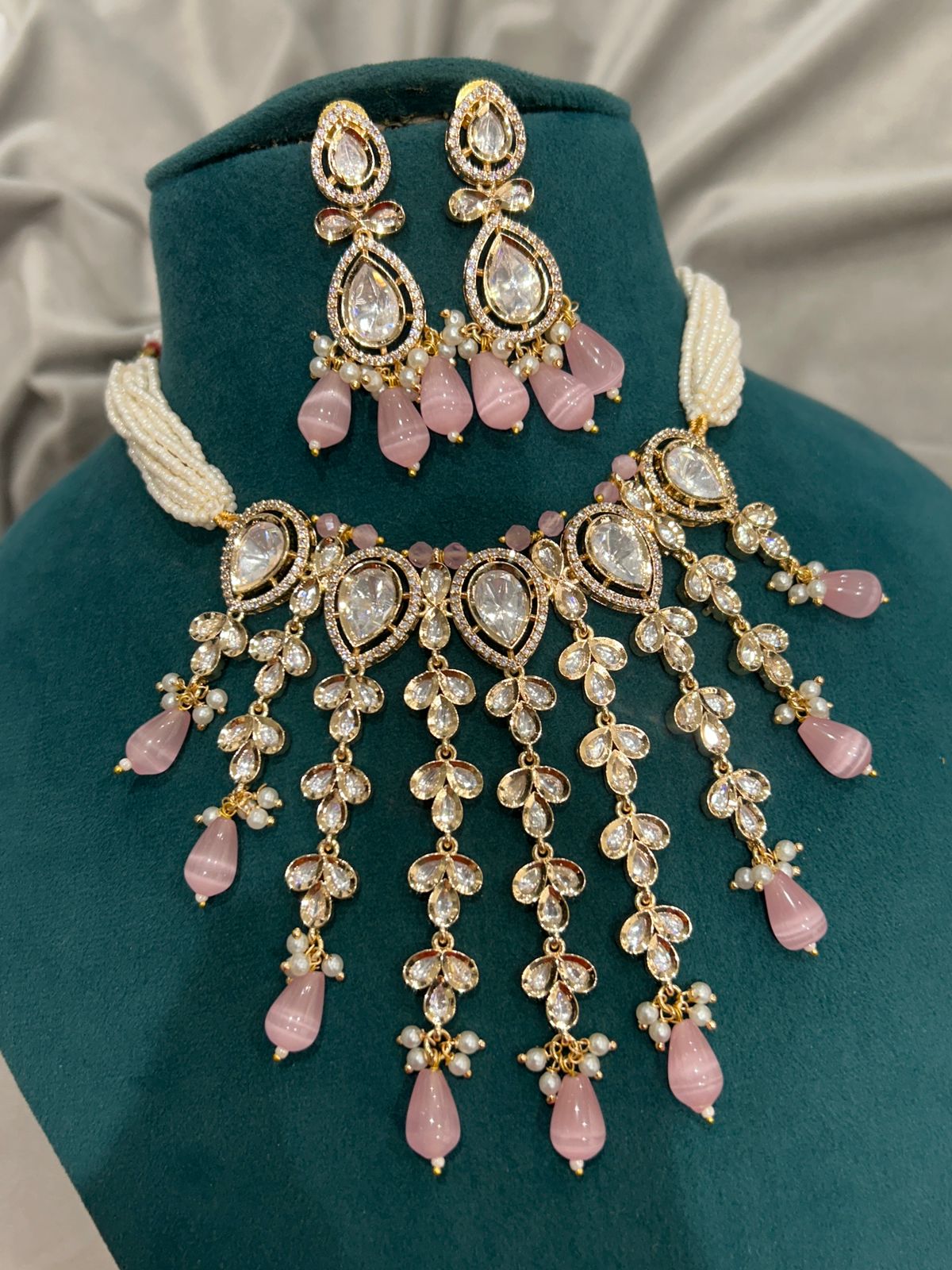 Baby Pink Kundan Necklace Set with Pear Drop Beads – Pearl String Design