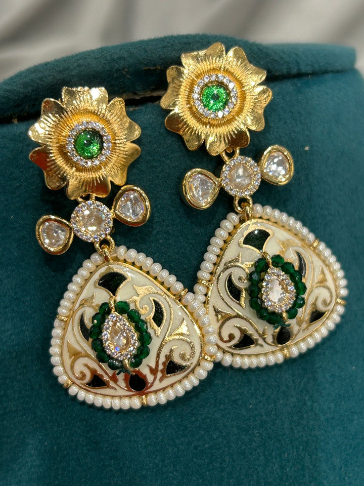 Enamel Work Kundan Necklace Set with Green and White Pearls – Royal Designer Collection