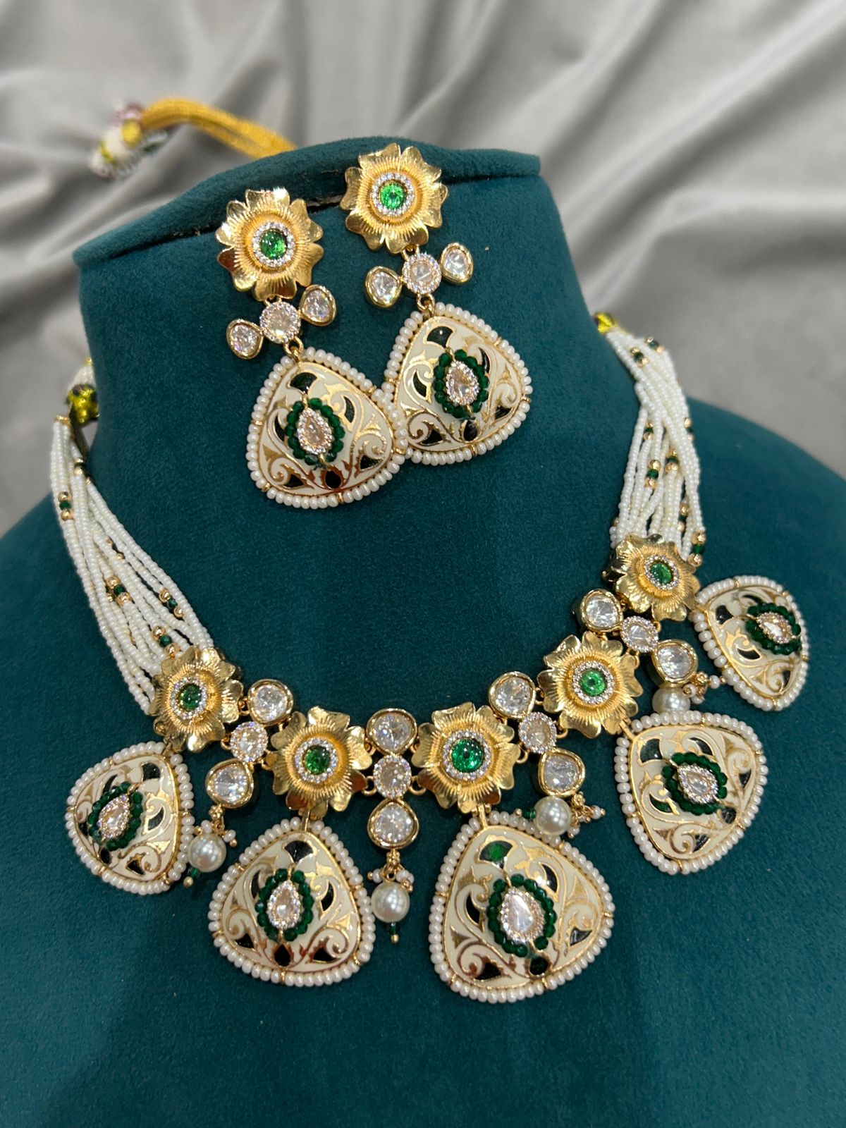 Enamel Work Kundan Necklace Set with Green and White Pearls – Royal Designer Collection