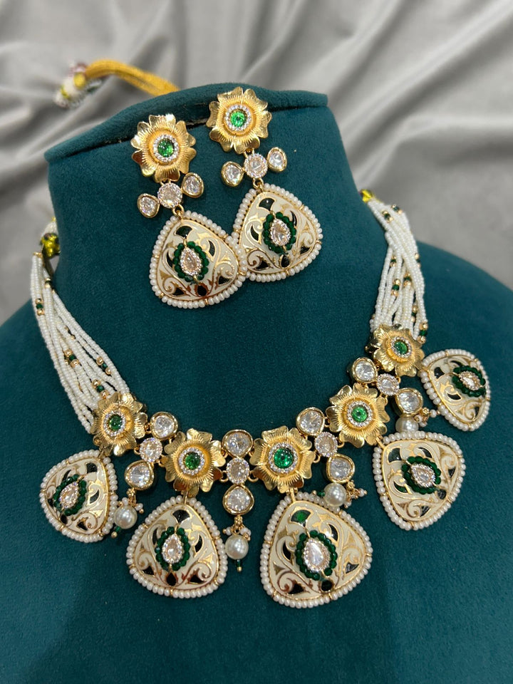 Enamel Work Kundan Necklace Set with Green and White Pearls – Royal Designer Collection