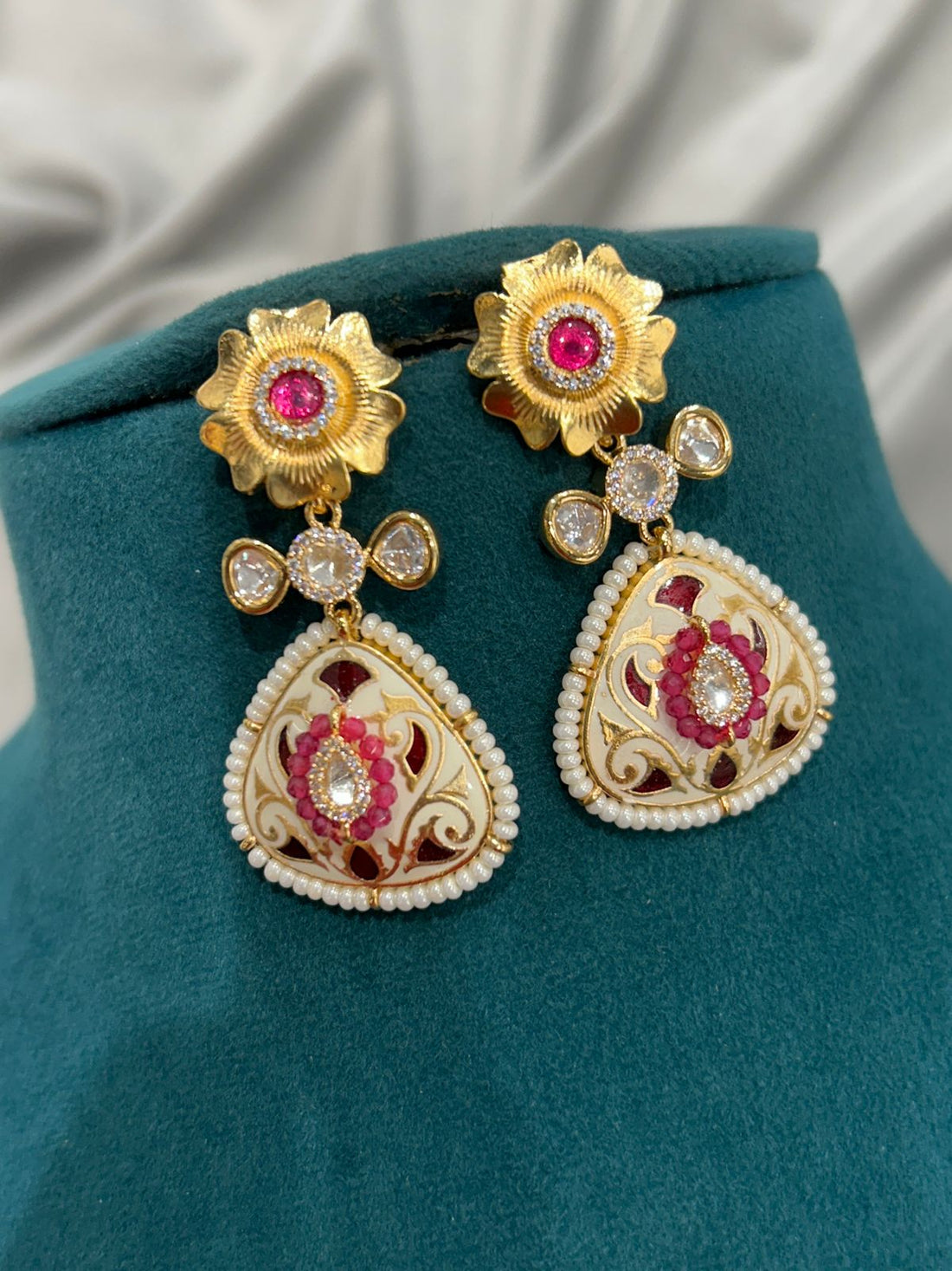 Ruby Red Enamel Kundan Necklace Set with Pearls – Royal Heritage Design