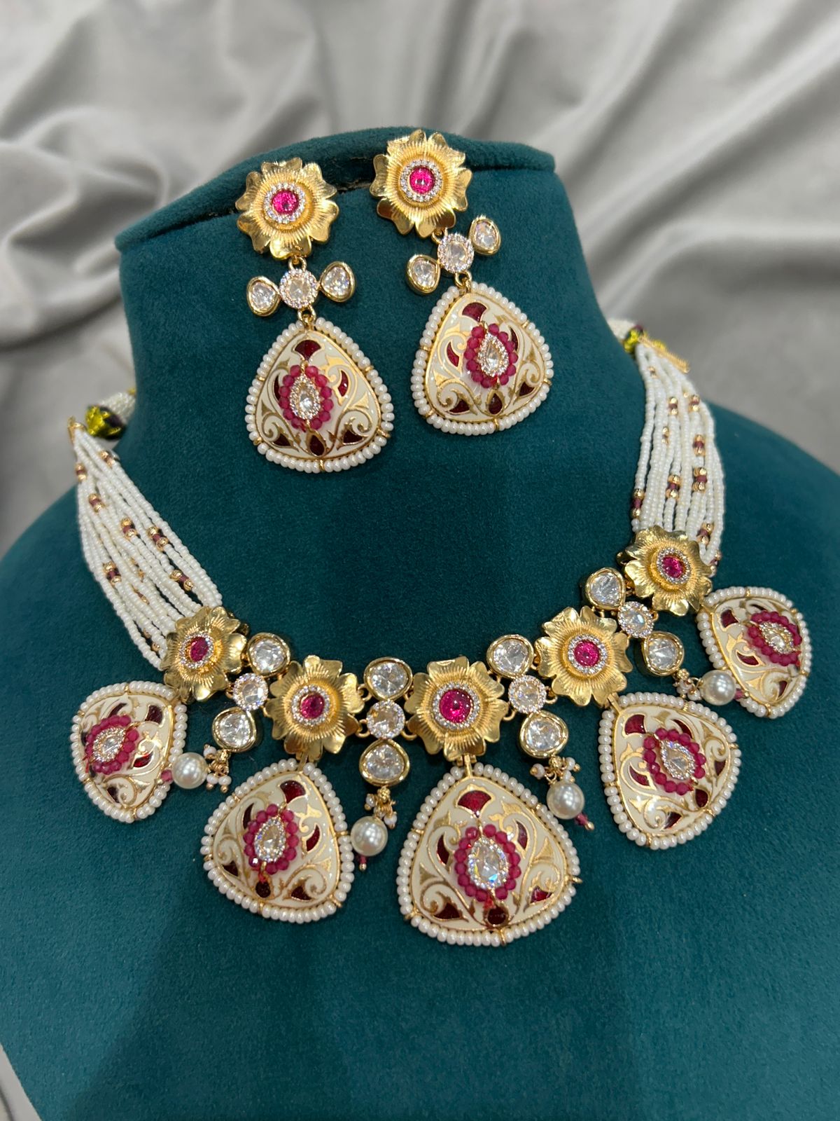 Ruby Red Enamel Kundan Necklace Set with Pearls – Royal Heritage Design