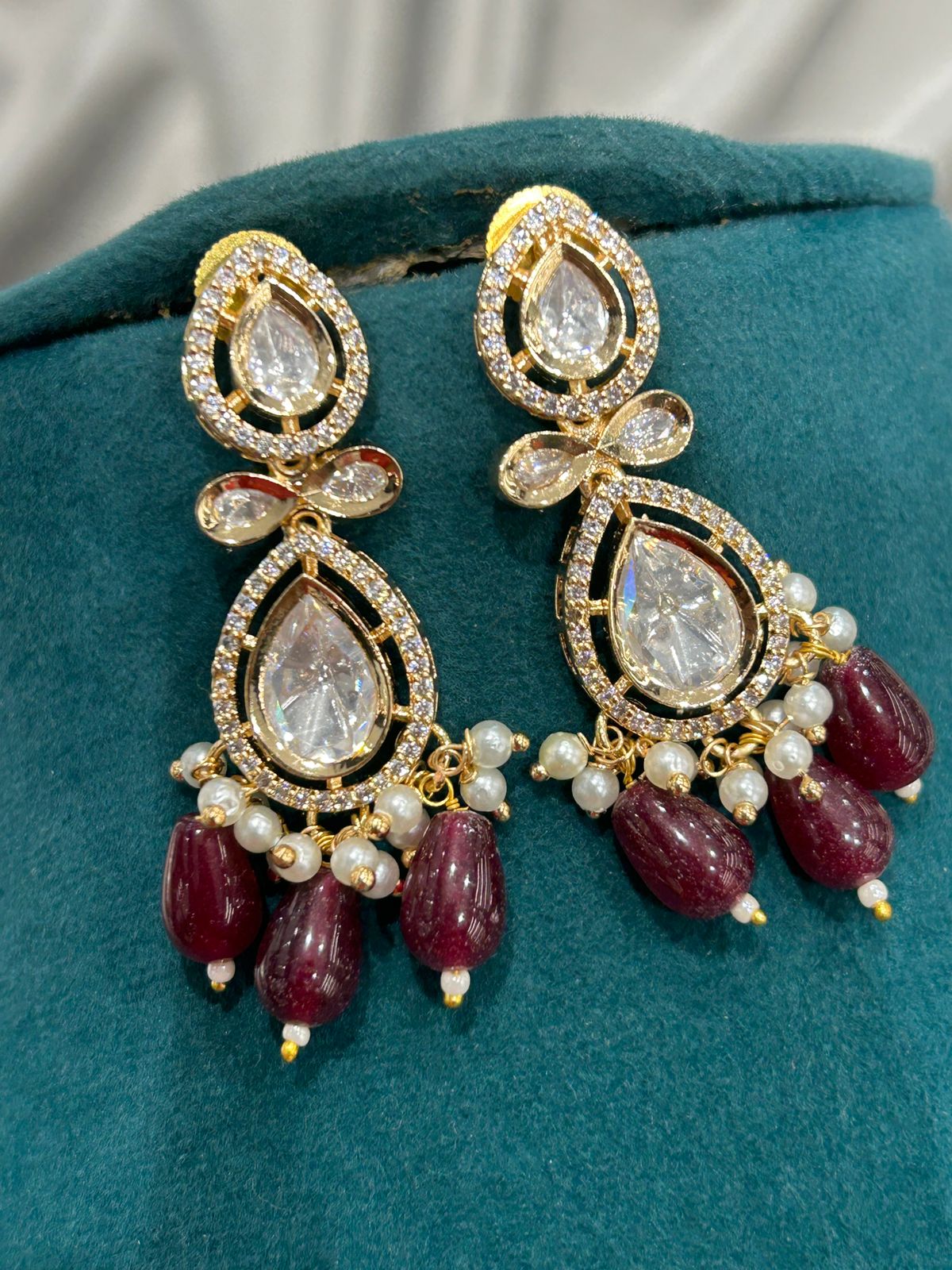 Maroon Beads Kundan Necklace Set with Pearl Strings – Bridal Designer Jewellery