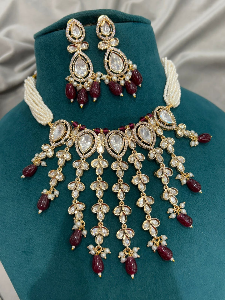 Maroon Beads Kundan Necklace Set with Pearl Strings – Bridal Designer Jewellery