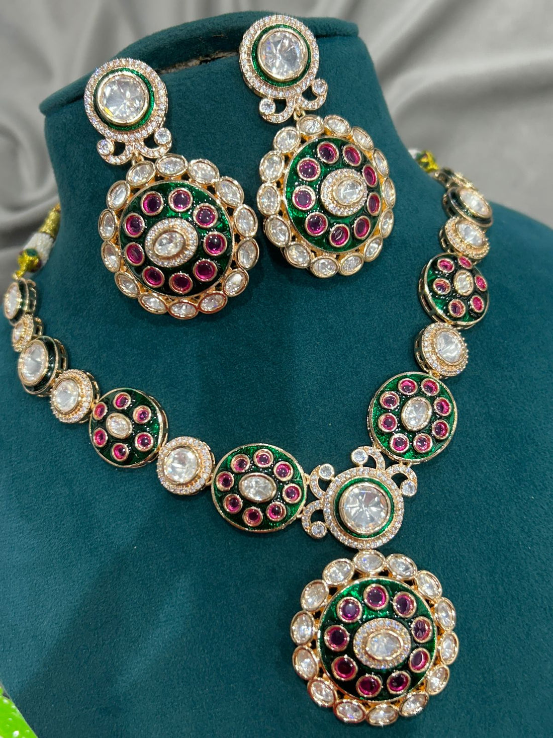 Green & Ruby Enamel Kundan Necklace Set – Royal Polki Bridal Jewellery