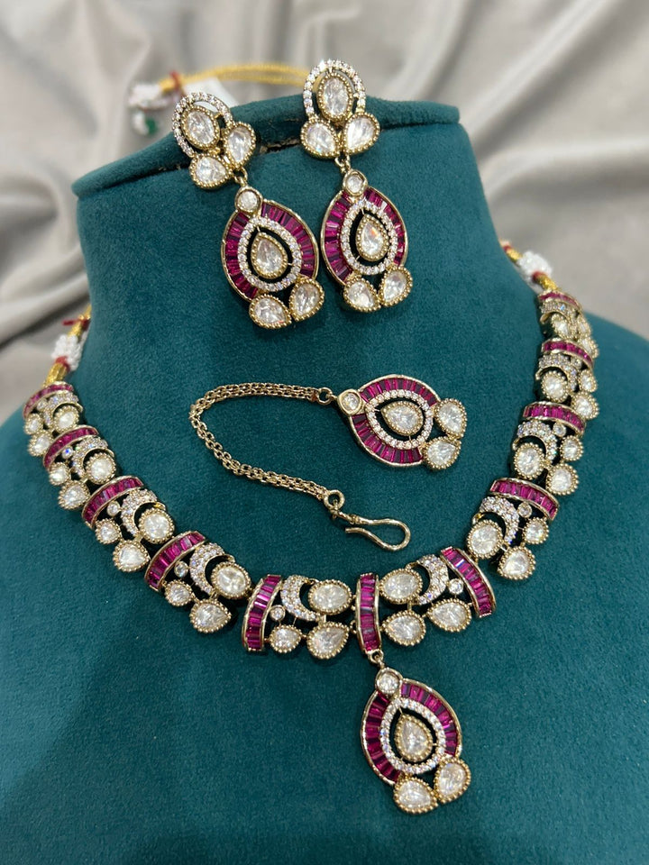 Ruby and Diamond Kundan Necklace Set – Elegant Bridal Jewellery with Gold Finish
