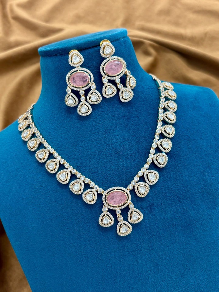 Pink Stone Diamond Look Necklace Set
