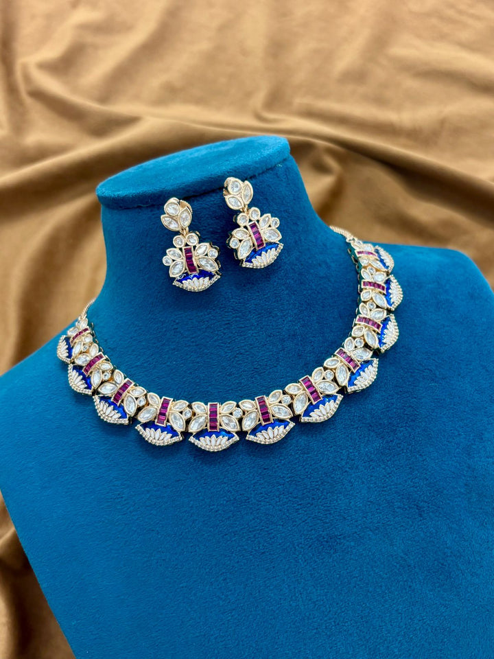 Royal Ruby Blue Kundan Necklace Set Premium Polki Design
