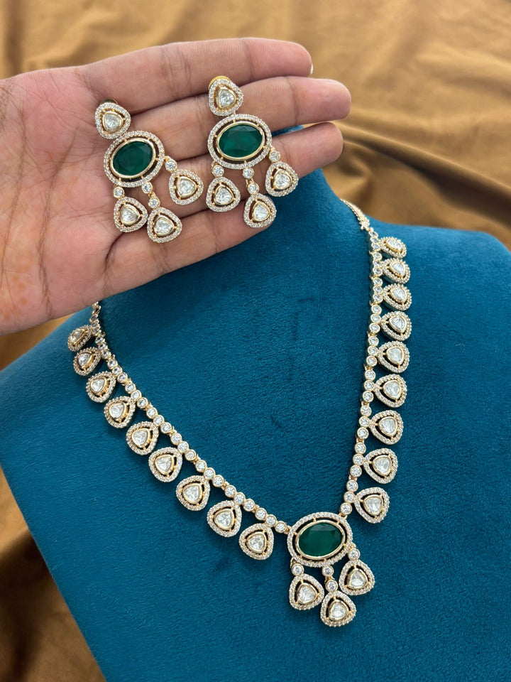 Emerald Elegance Diamond Necklace Set Green Stone Polki Style