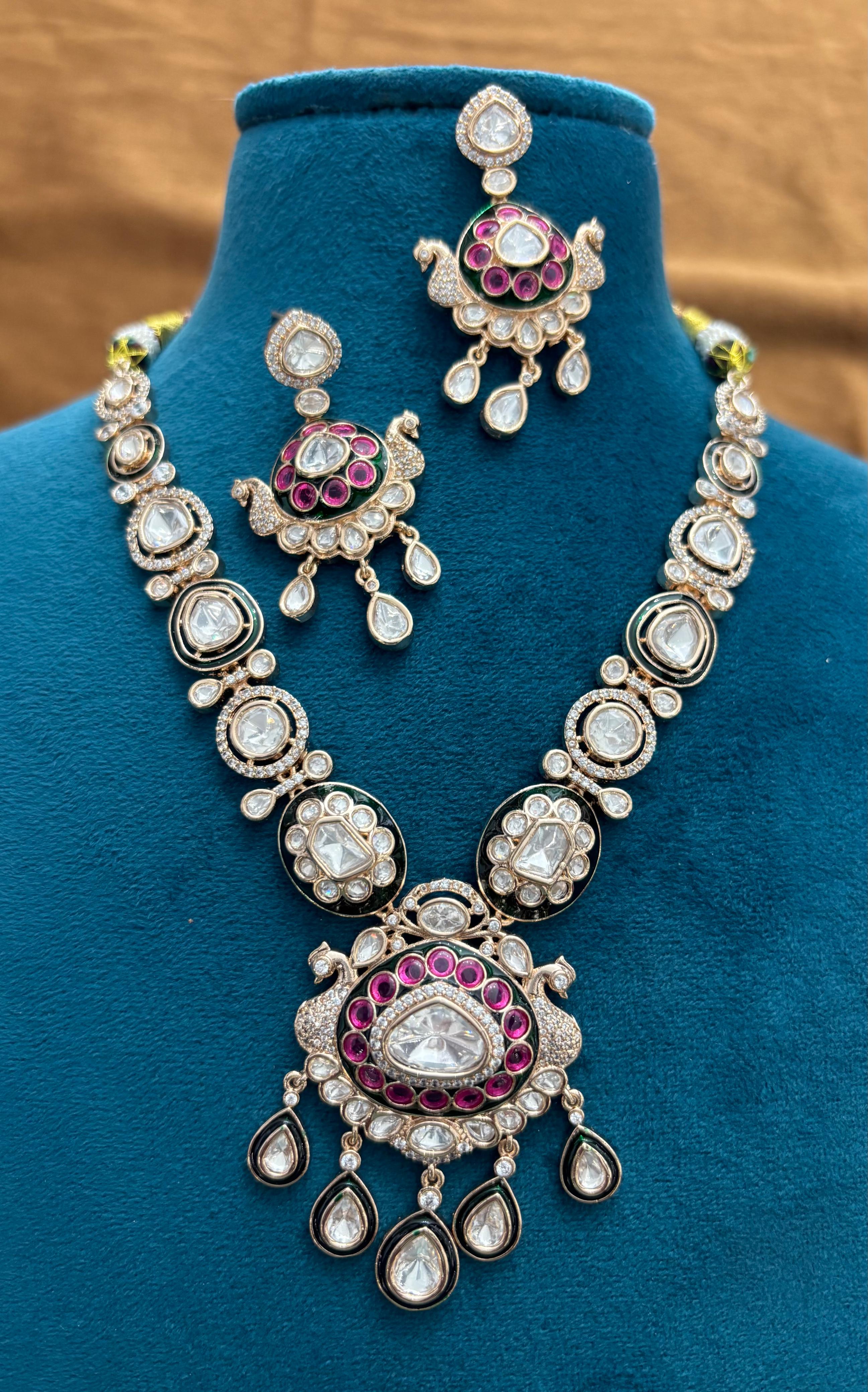 Royal Peacock Kundan Necklace Set with Ruby and Polki Detailing