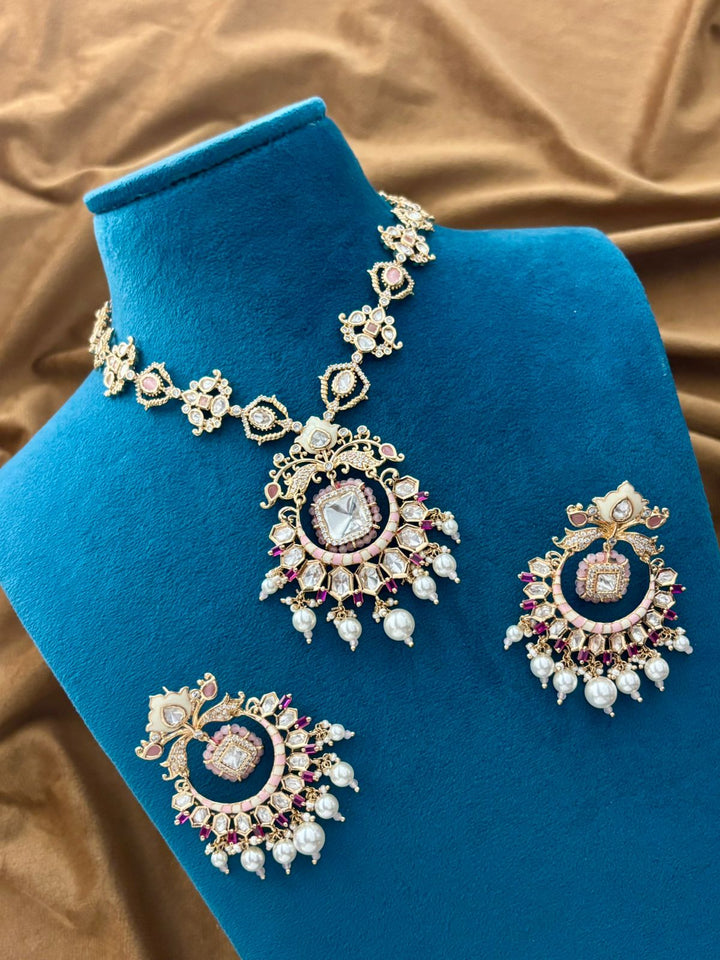 Pastel Pink Polki Pearl Necklace Set