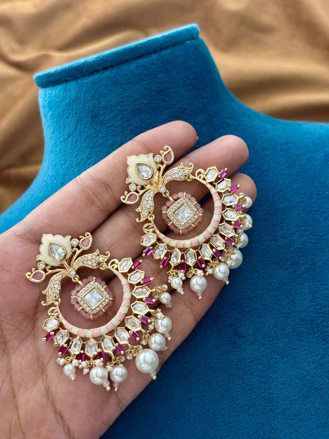 Pastel Pink Polki Pearl Necklace Set