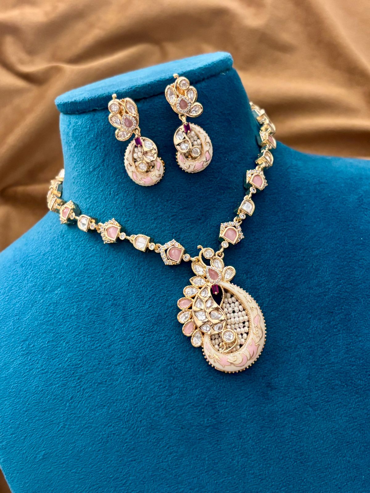 Pastel Pink Meenakari Kundan Necklace Set