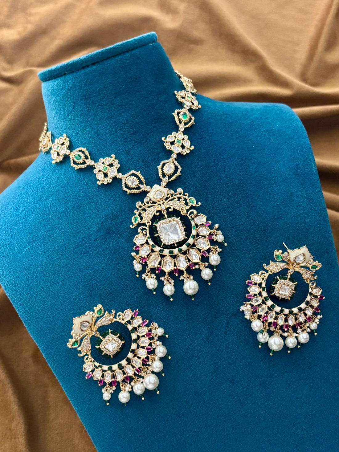 Emerald Polki Pearl Choker Necklace Set