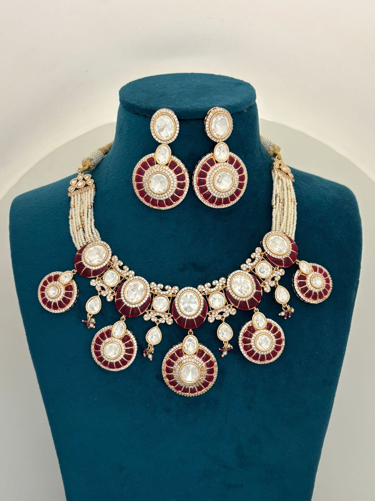 Bridal Kundan Necklace Set with Maroon Enamel Grand Wedding & Festive Jewellery