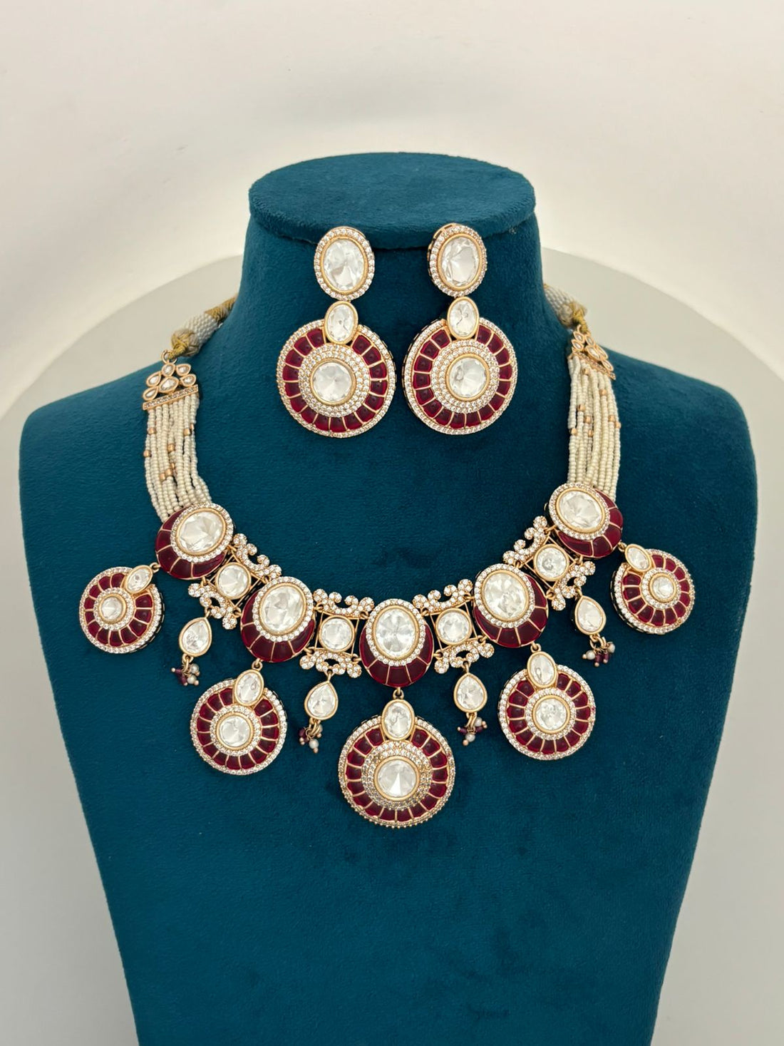 Bridal Kundan Necklace Set with Maroon Enamel Grand Wedding & Festive Jewellery
