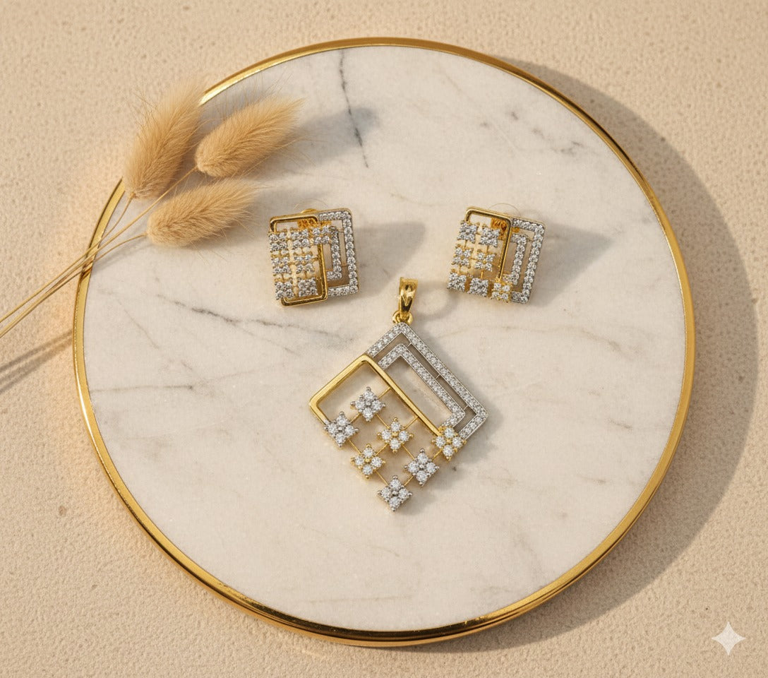 Modern Dual Tone Geometric Diamond Pendant Set