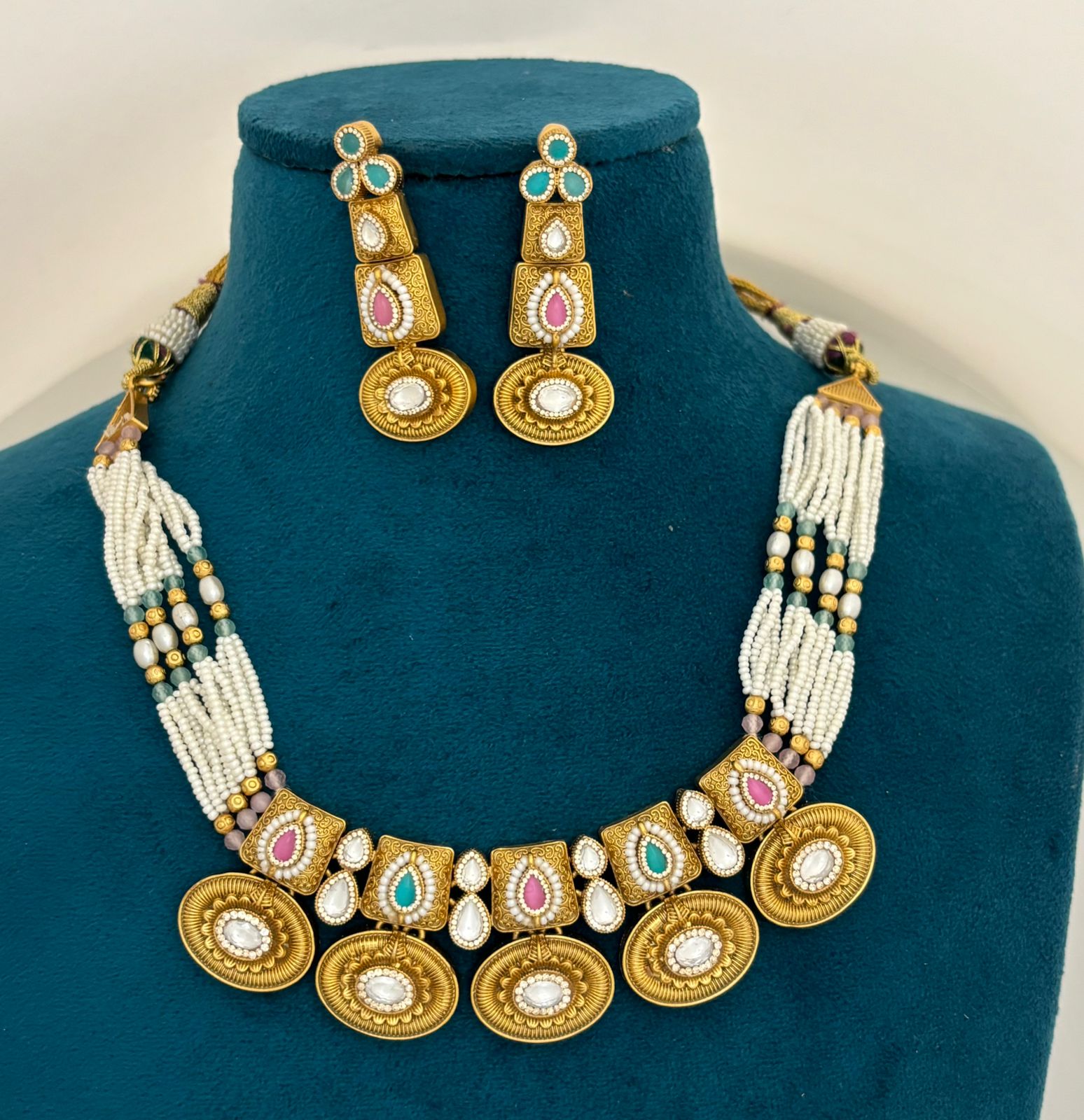 Antique Kundan Beaded Necklace Set with Pastel Accents