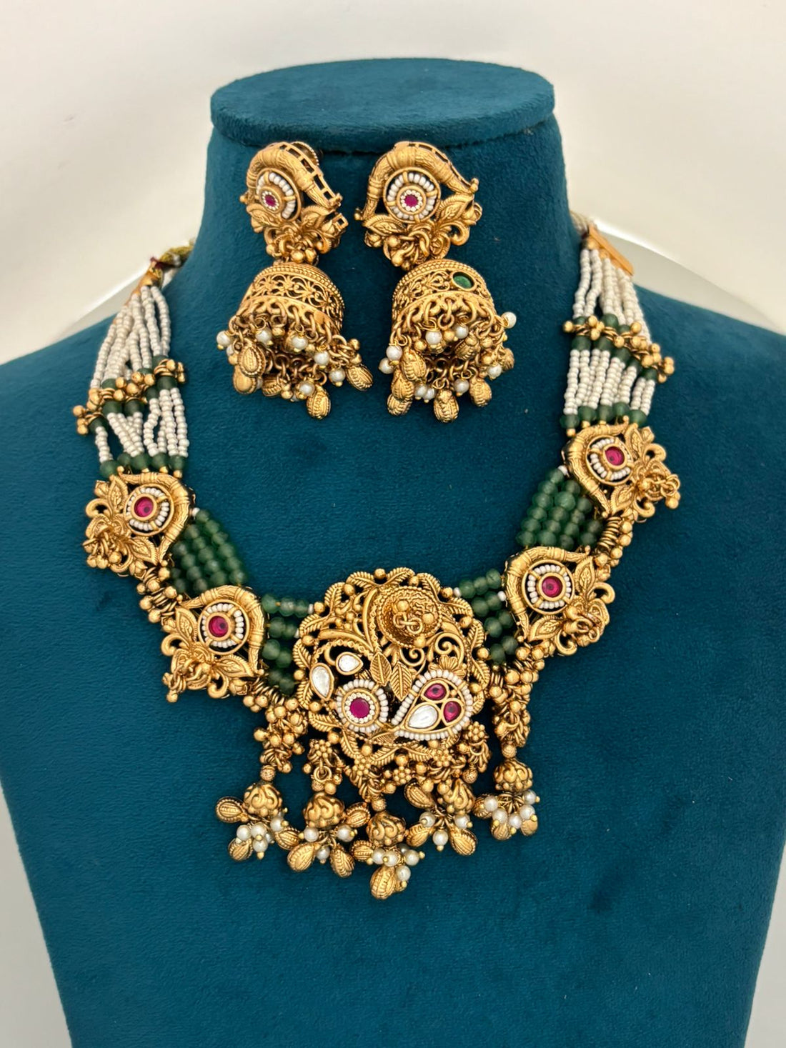 Antique Lakshmi Temple Necklace Set with Green Beads and Jhumka Earrings