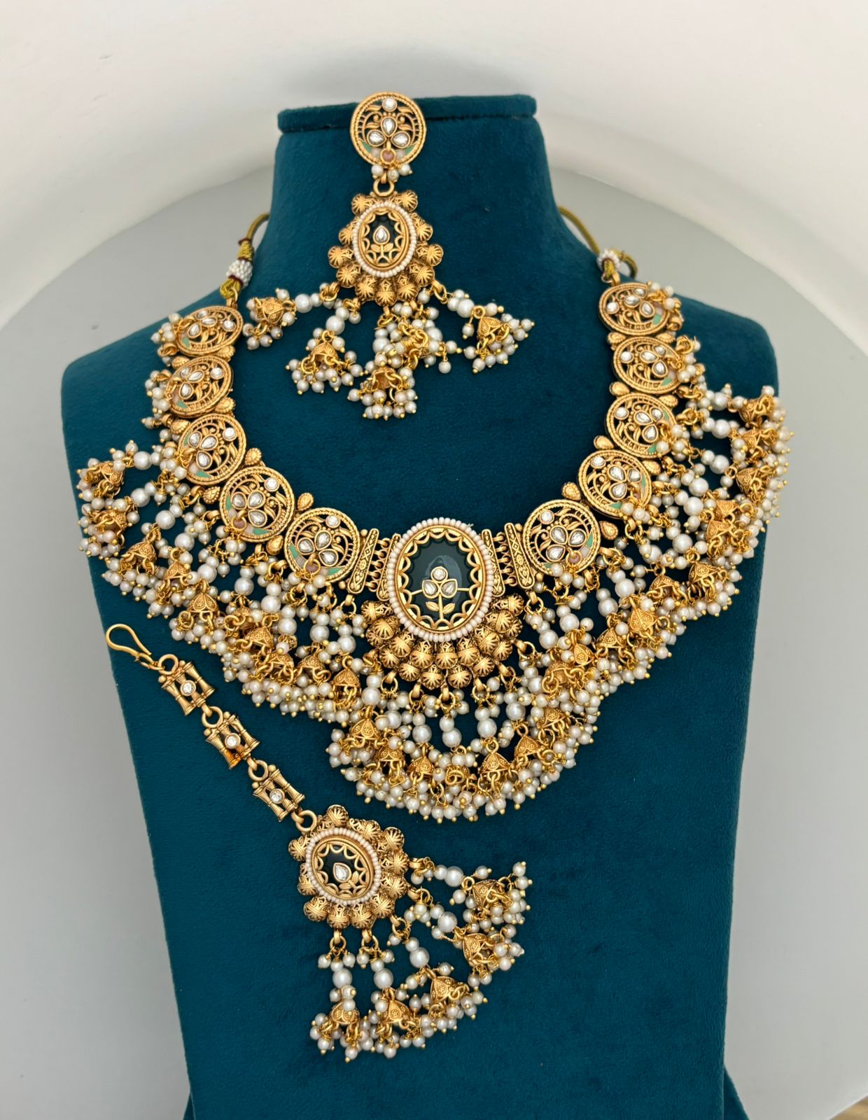 Antique Gold Temple Necklace Set with Maang Tikka and Pearl Detailing