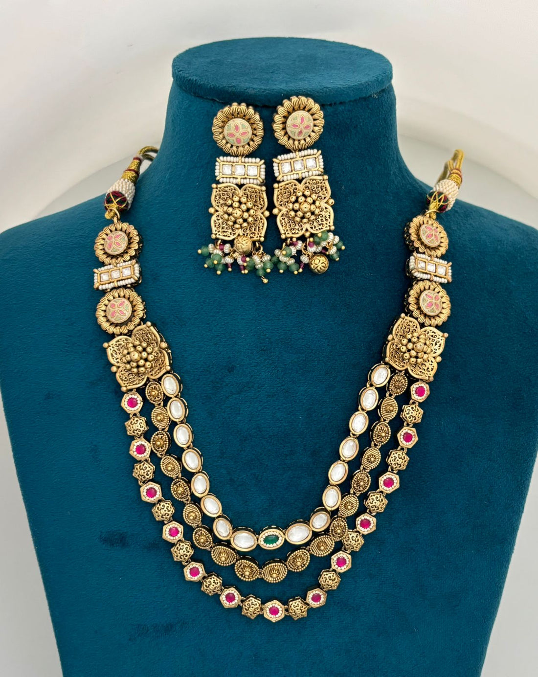 Antique Layered Kundan Necklace Set with Floral Design and Long Earrings