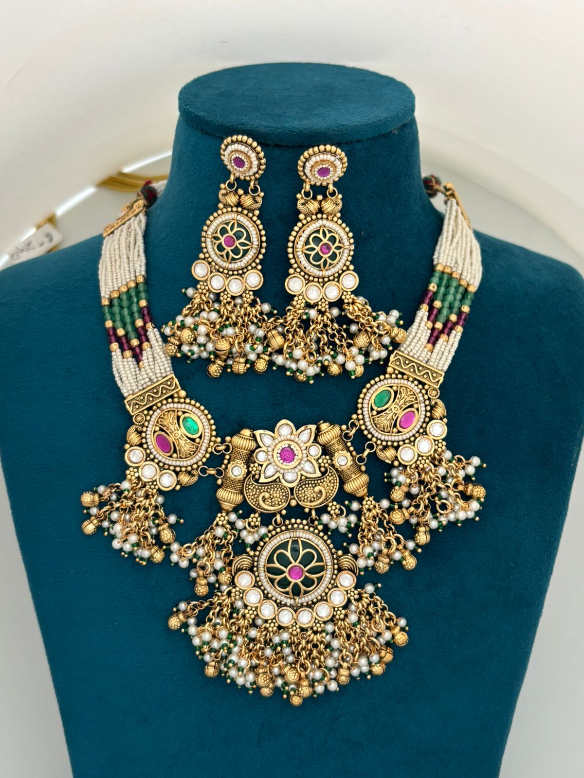 Antique Kundan Beaded Temple Necklace Set with Dual Pendant Design