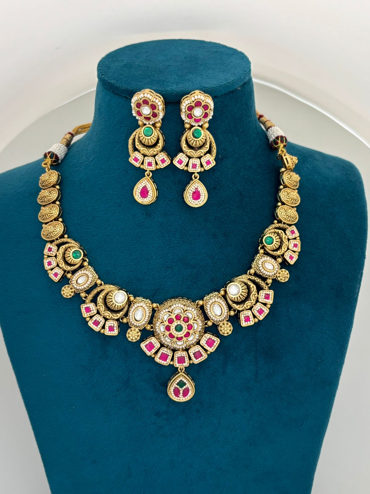 Antique Kundan Choker Necklace Set with Pink & Green Stones