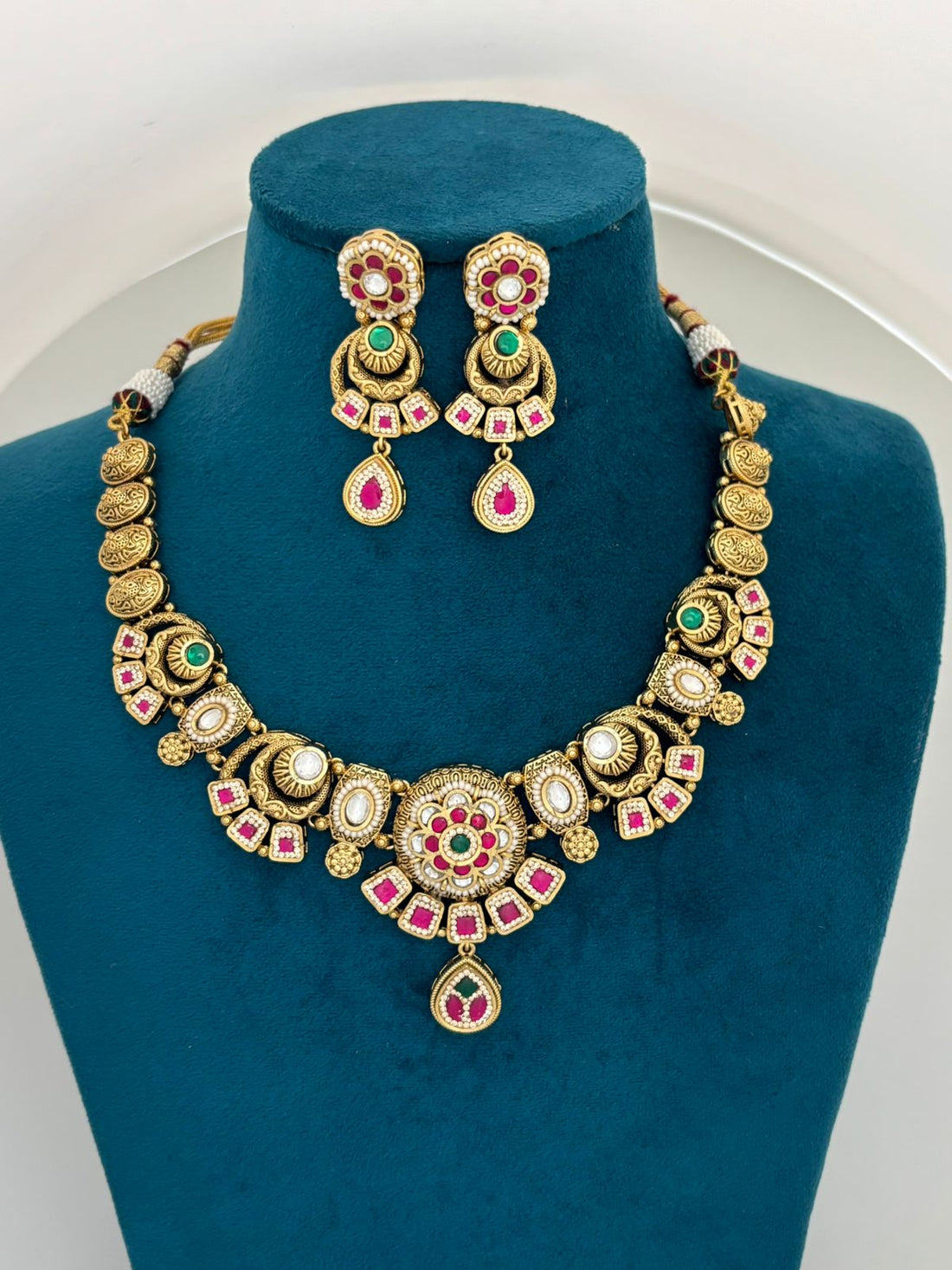 Antique Kundan Choker Necklace Set with Pink & Green Stones