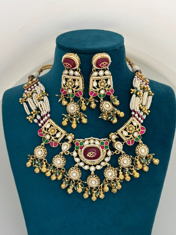 Antique Kundan Temple Necklace Set with Ruby Centerpiece and Beaded Detailing