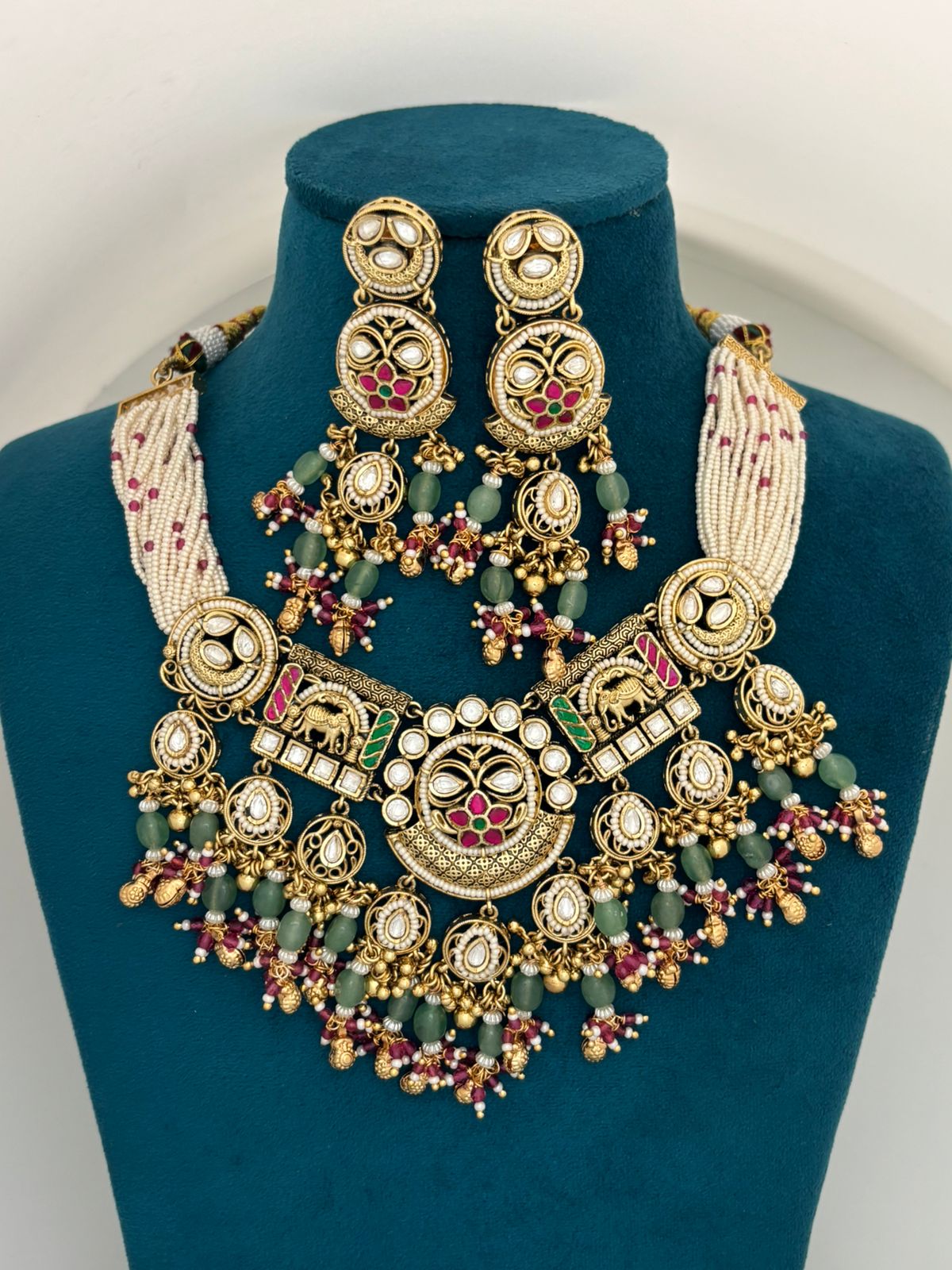 Antique Elephant Motif Kundan Temple Necklace Set with Beaded Layers