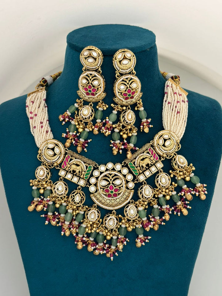 Antique Elephant Motif Kundan Temple Necklace Set with Beaded Layers