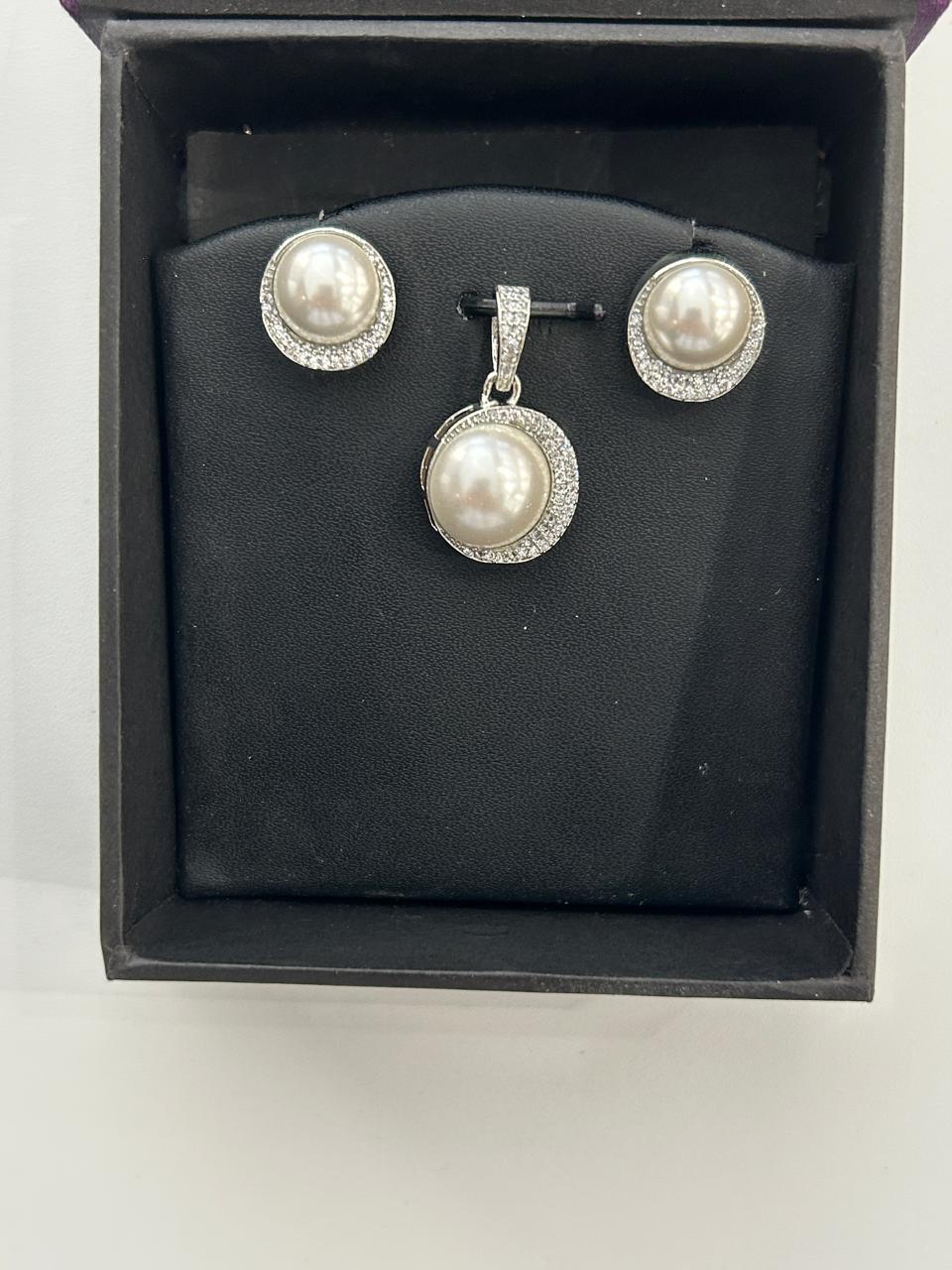 Elegant Pearl Pendant Set with CZ Accents Silver Finish Classic Design