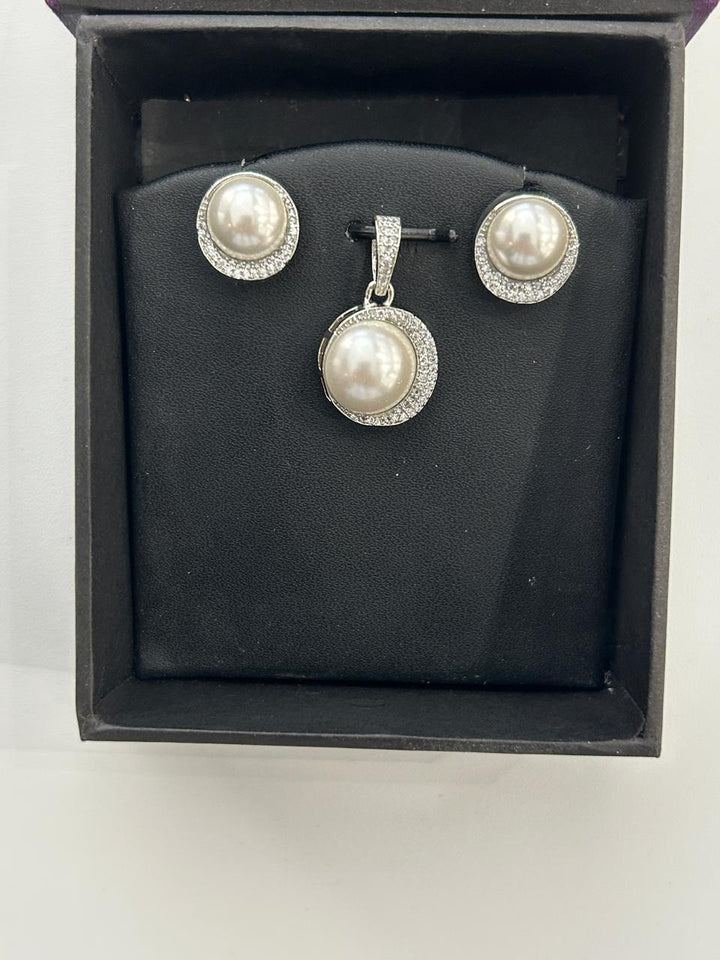 Elegant Pearl Pendant Set with CZ Accents Silver Finish Classic Design