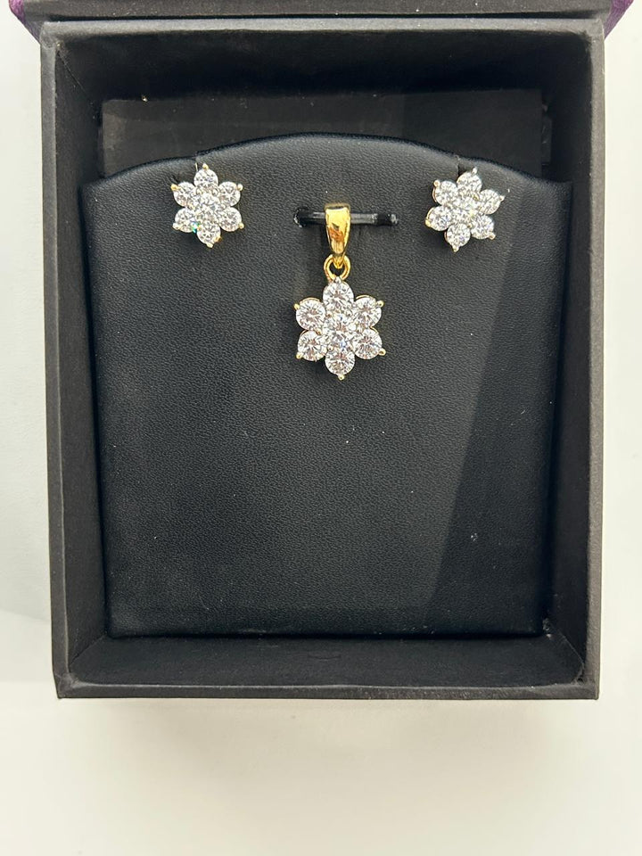Floral Diamond Pendant Set with Earrings Elegant CZ Cluster Design in Gold Finish