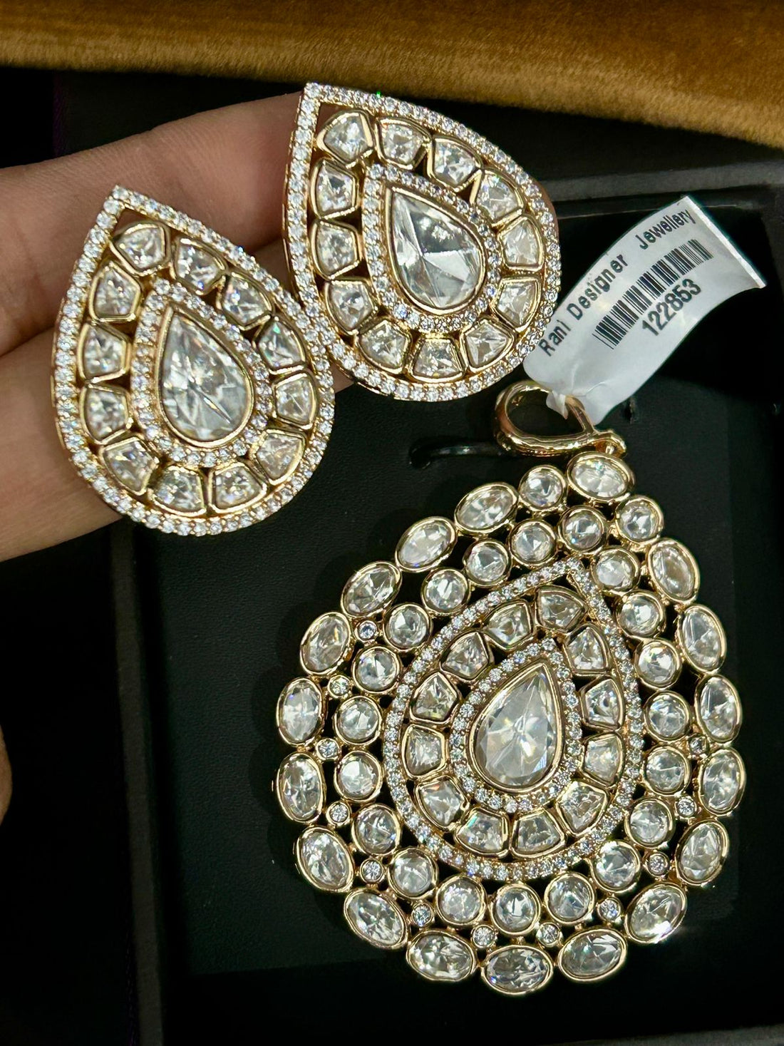 Royal Kundan Teardrop Pendant Set Premium Polki Diamond Look in Gold Finish