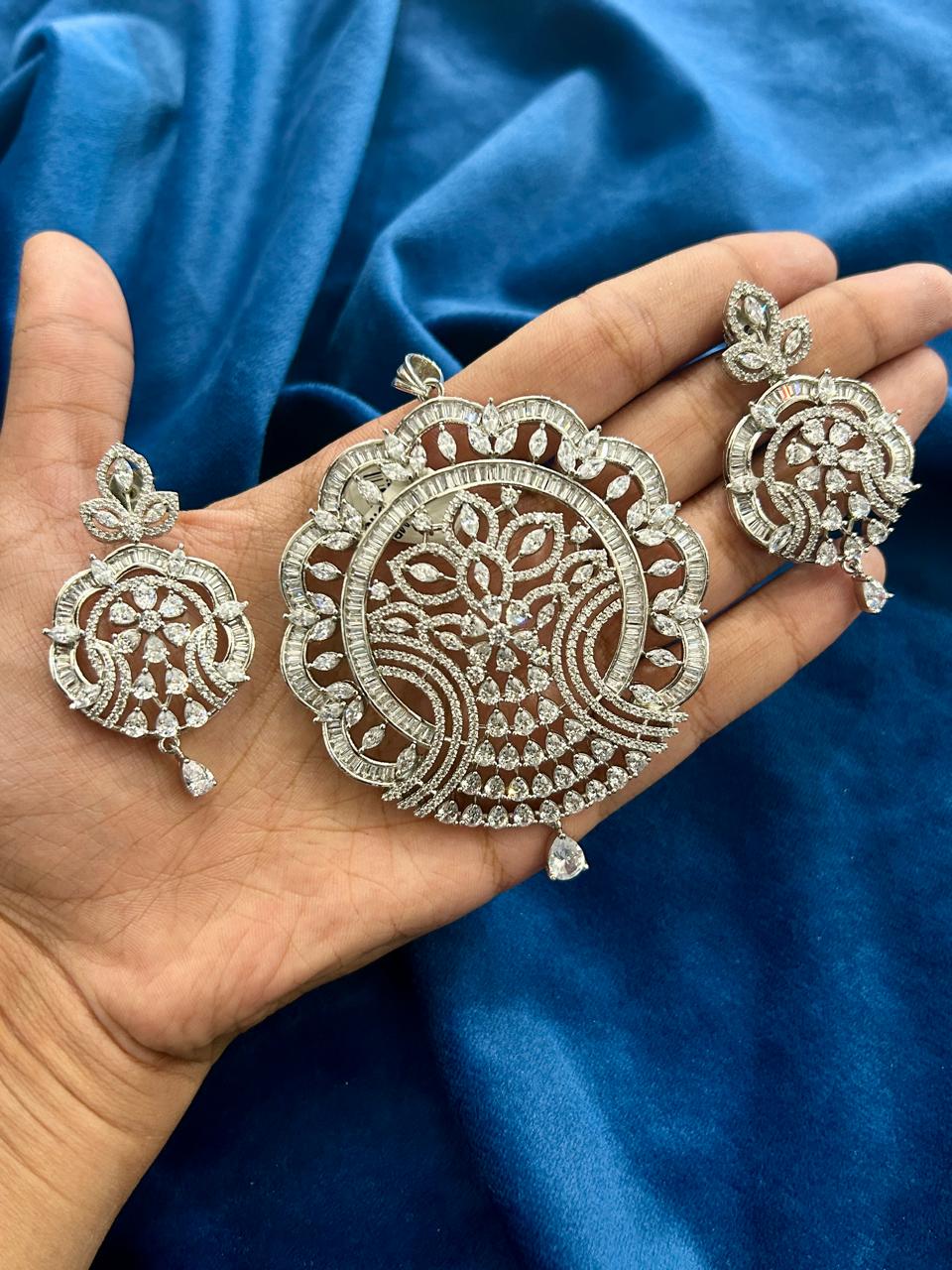 Grand Silver Finish CZ Diamond Pendant Set with Earrings Luxury Bridal & Festive Jewellery