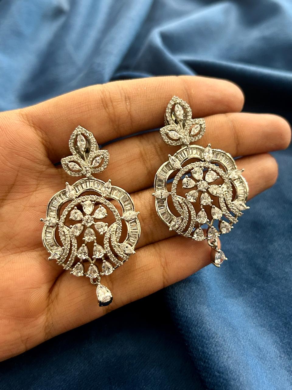 Grand Silver Finish CZ Diamond Pendant Set with Earrings Luxury Bridal & Festive Jewellery