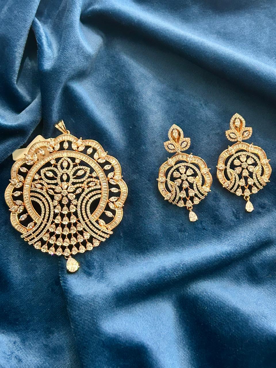 Designer Gold Finish CZ Grand Pendant Set with Earrings Premium Wedding & Festive Jewellery