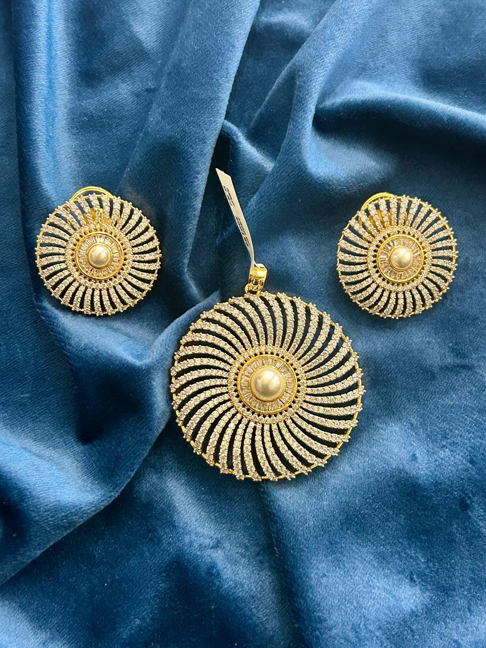 Grand Round Pearl & CZ Pendant Set with Earrings Premium Party & Festive Jewellery