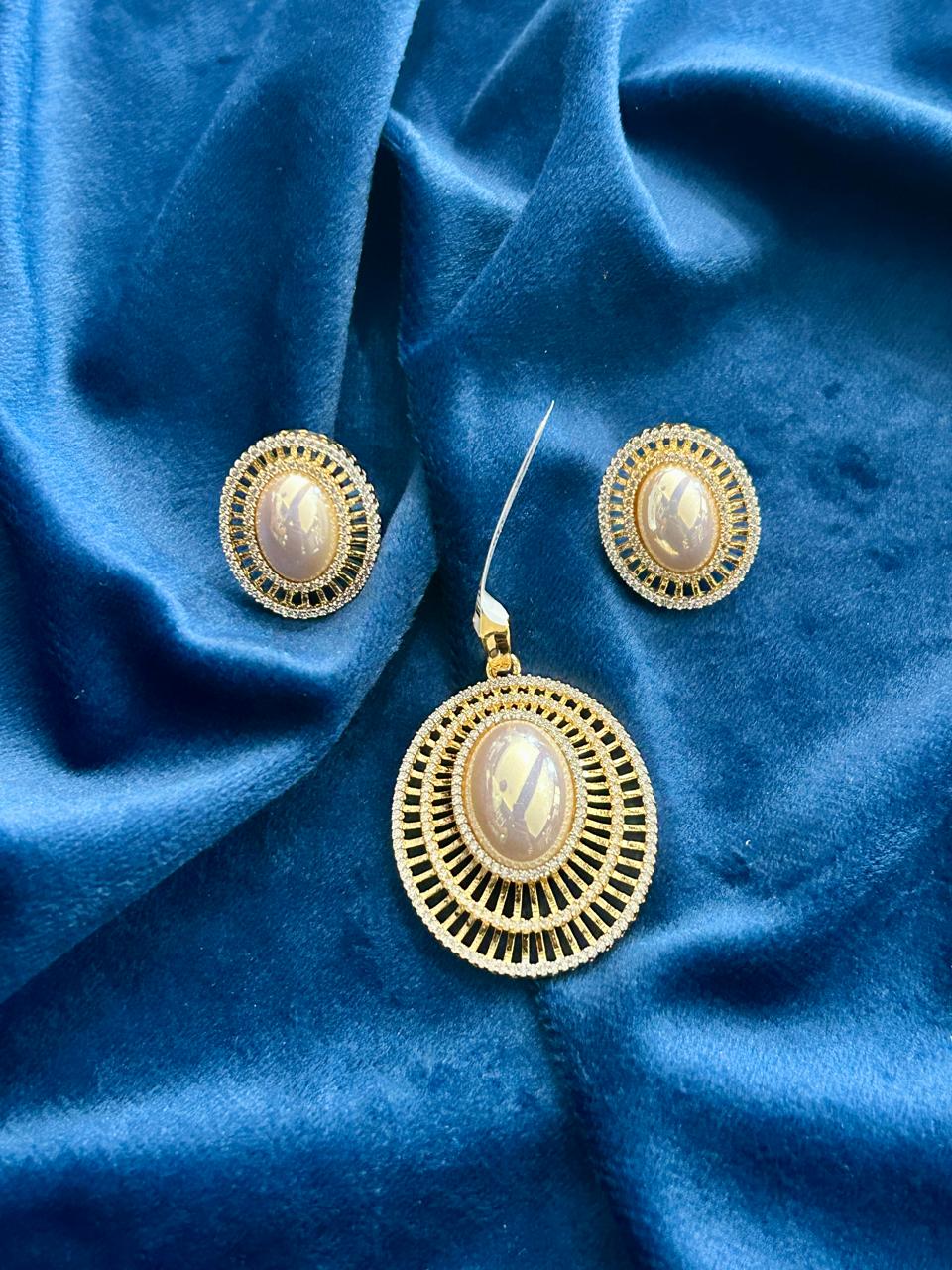 Elegant Gold Finish Oval Stone Pendant Set with Earrings Premium Daily & Festive Jewellery