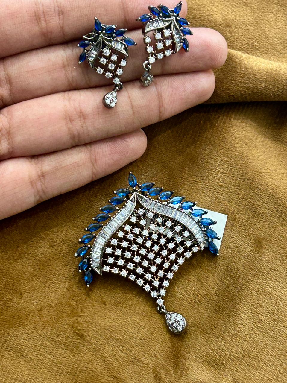 Blue Stone & CZ Diamond Pendant Set with Earrings Luxury Party & Festive Jewellery