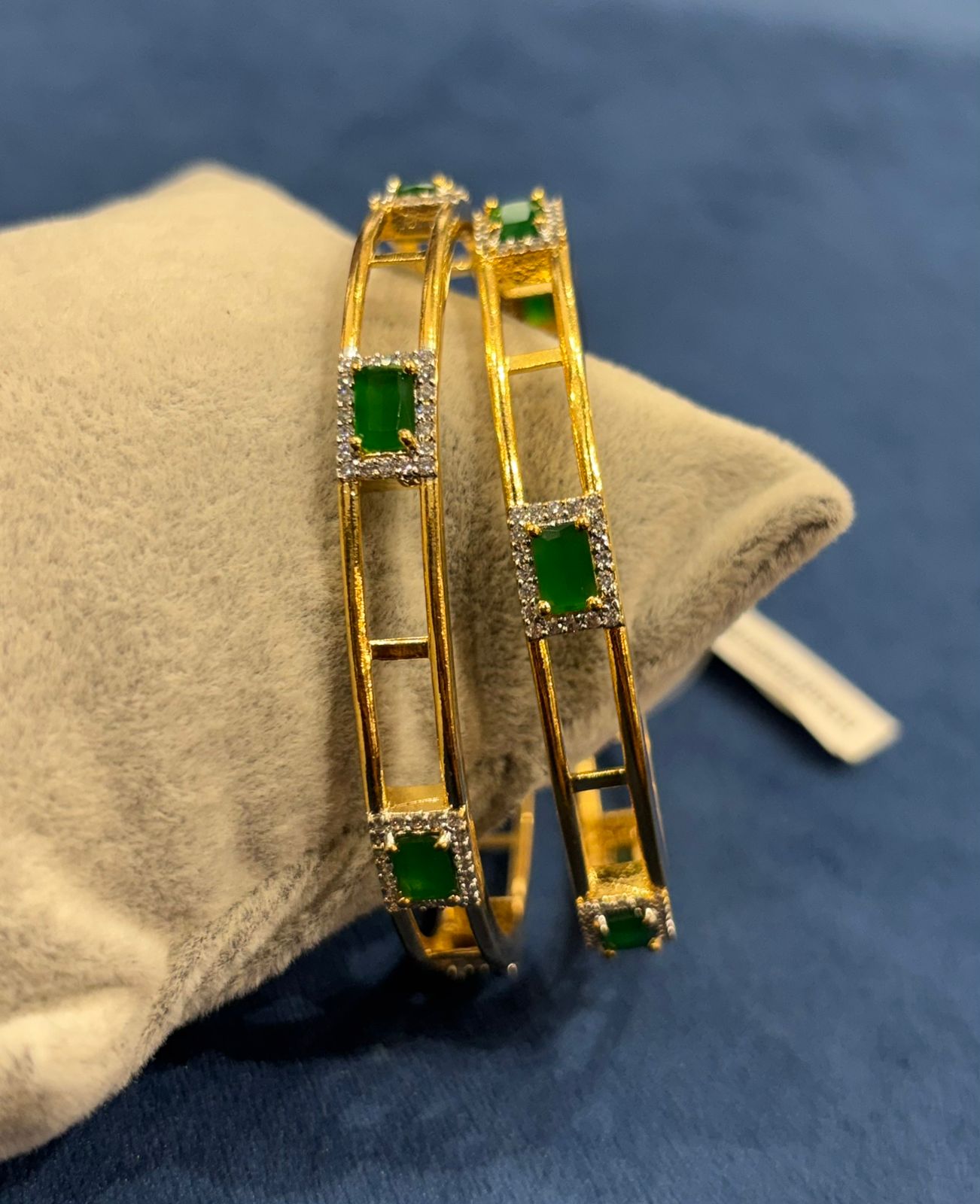 Emerald Green Stone Gold-Plated Openwork Designer Bangles