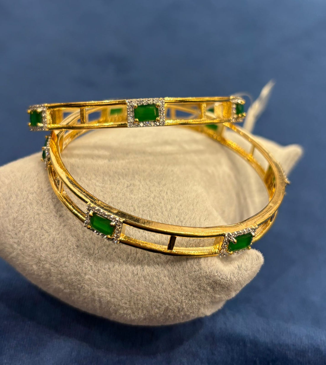 Emerald Green Stone Gold-Plated Openwork Designer Bangles