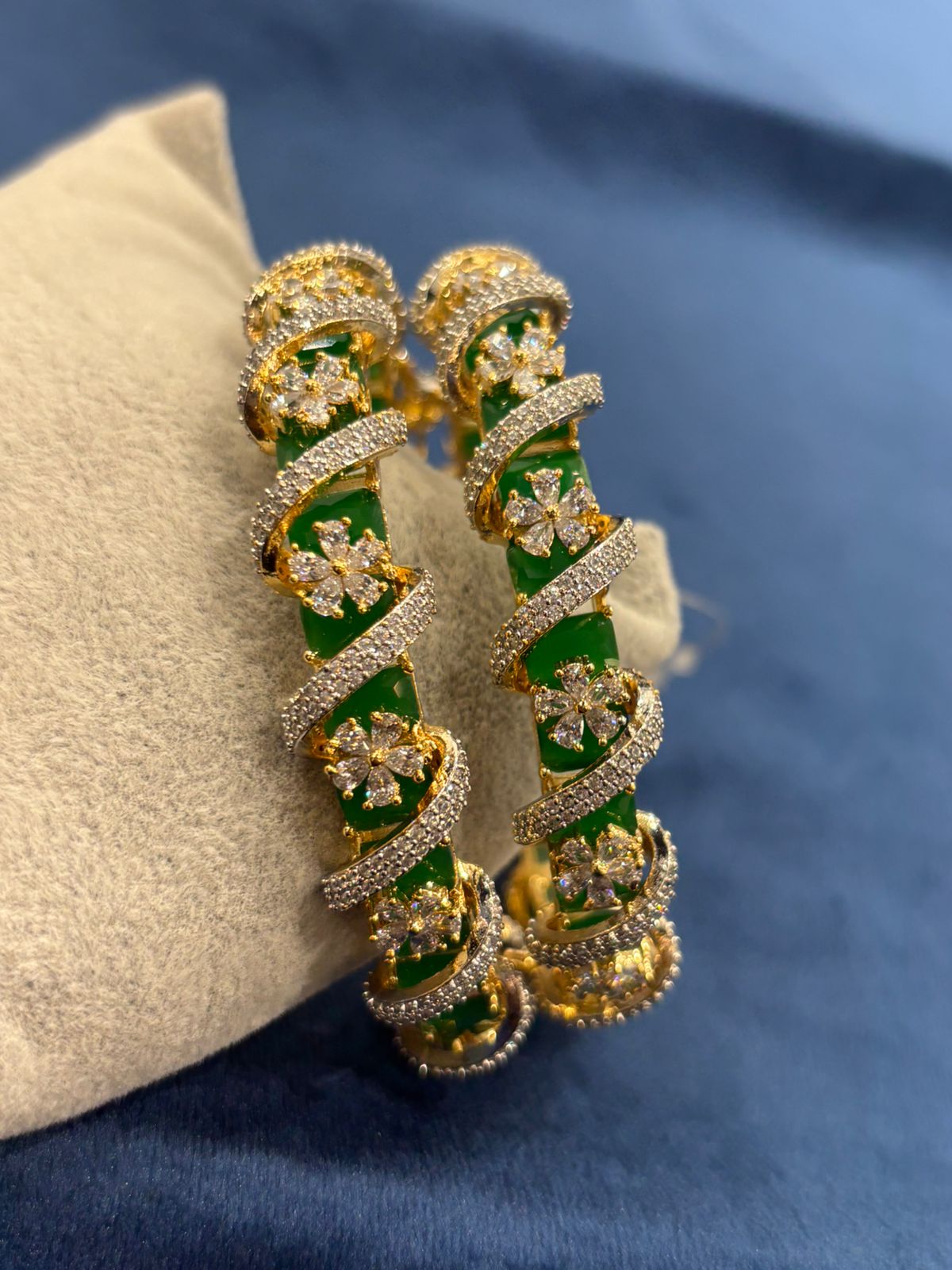 Emerald Green Floral CZ Diamond Gold Plated Heavy Designer Bangles