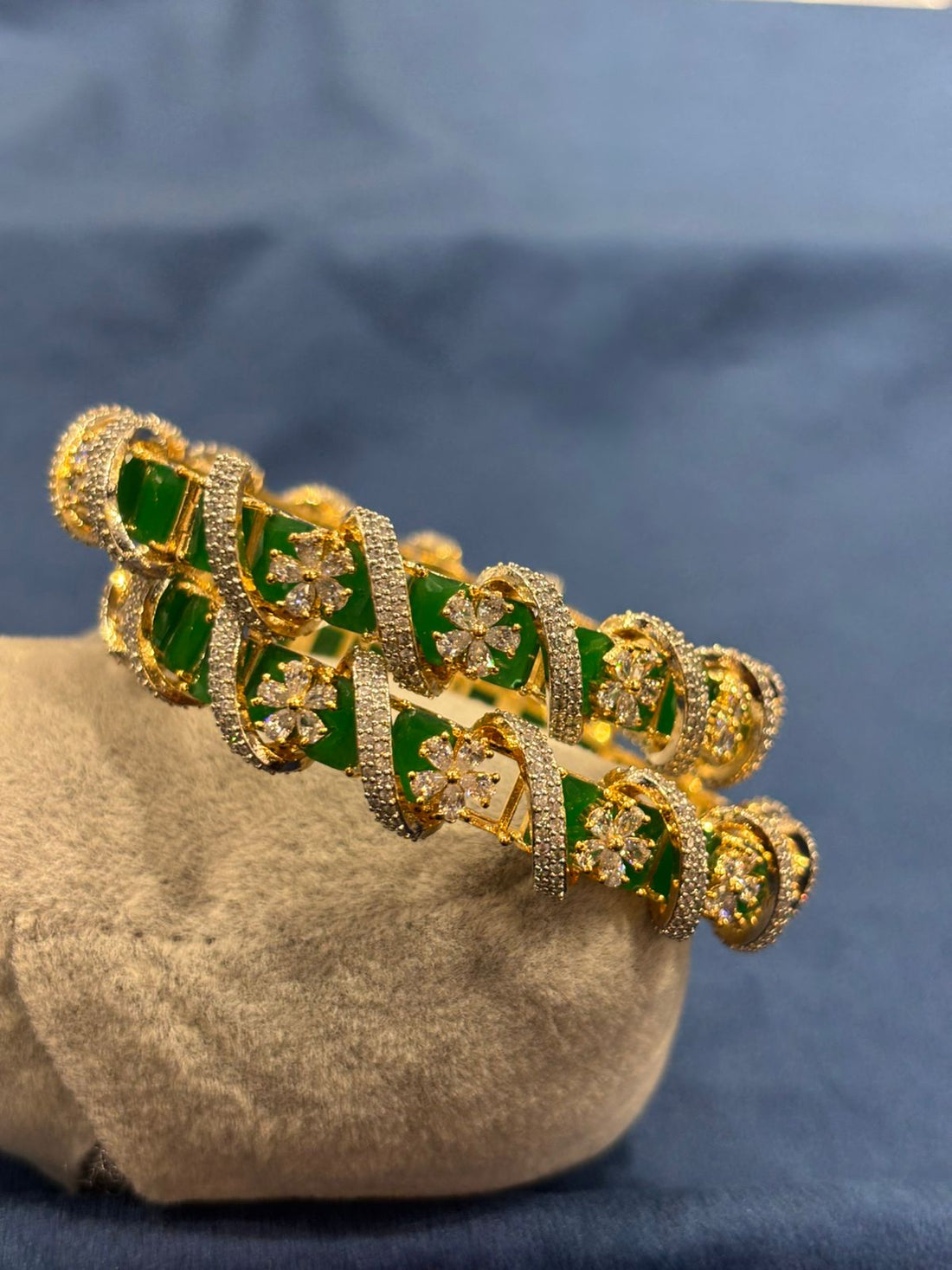 Emerald Green Floral CZ Diamond Gold Plated Heavy Designer Bangles