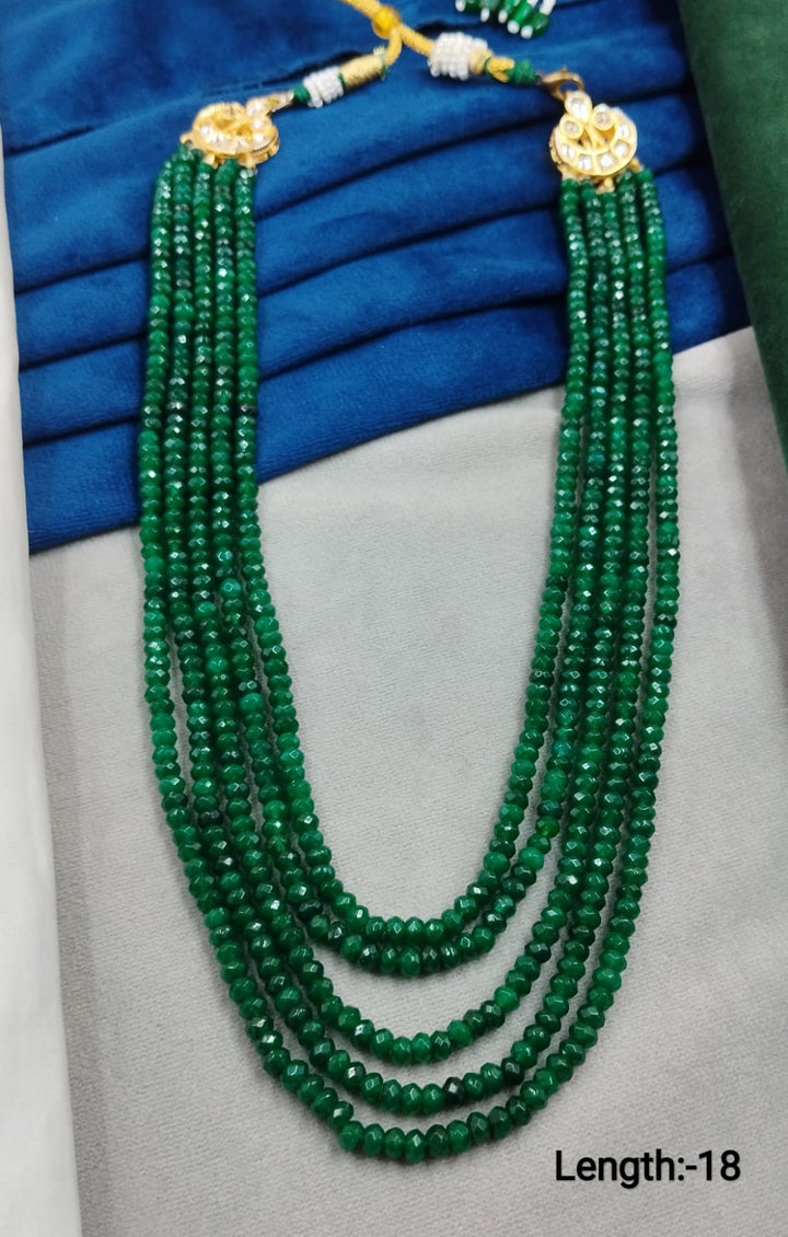 Green Multi-Layer Faceted Bead Mala with Kundan Side Motifs  18 Inch Designer Necklace