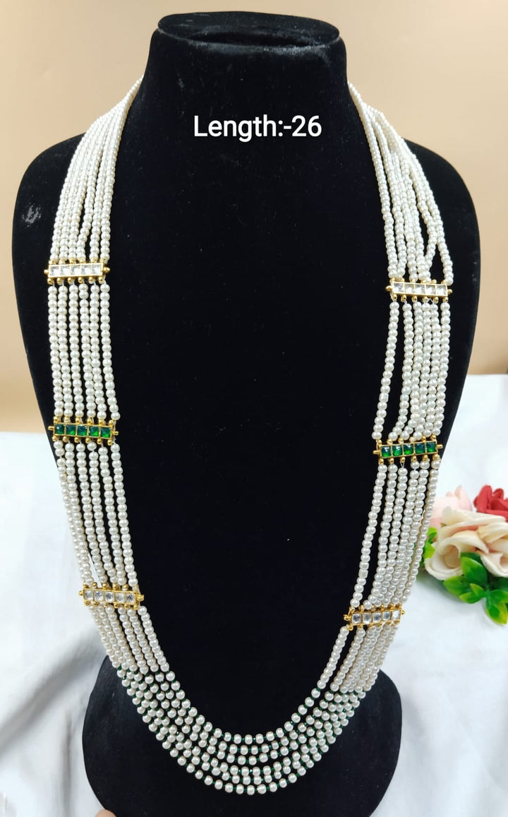 Multi-Layer Pearl Mala with Kundan & Green Stone Separators – 26 Inch Elegant Necklace