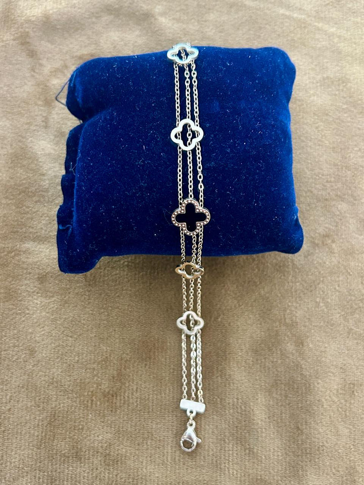 Triple-Layer Clover Charm Bracelet Premium Black & Silver Plated Design