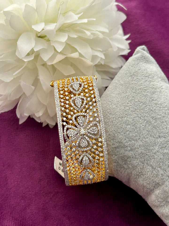 Premium Floral American Diamond Two-Tone Openable Bracelet – Gold & Silver Finish