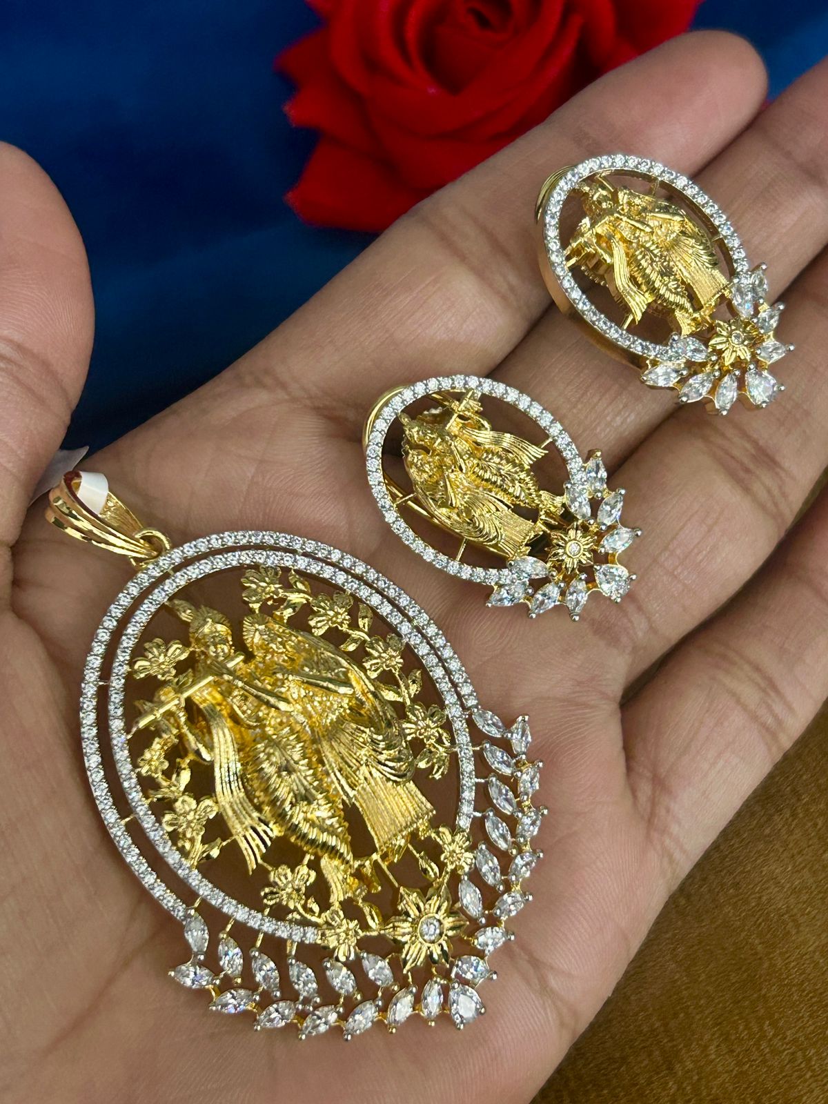 Radha Krishna Premium CZ Pendant Set (Gold Finish) – With Matching Earrings